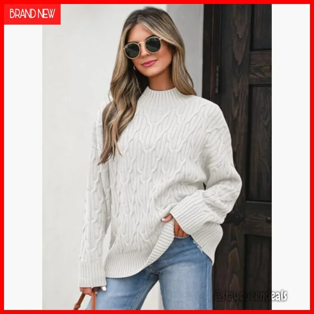 Oversized Cable Knit Mock Turtle Neck Sweater Tunic Pullover